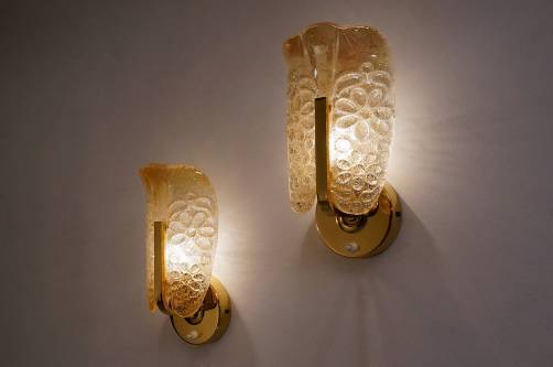 Orrefors wall lights, brass & glass by Carl Fagerlund, 1960`s ca, Swedish